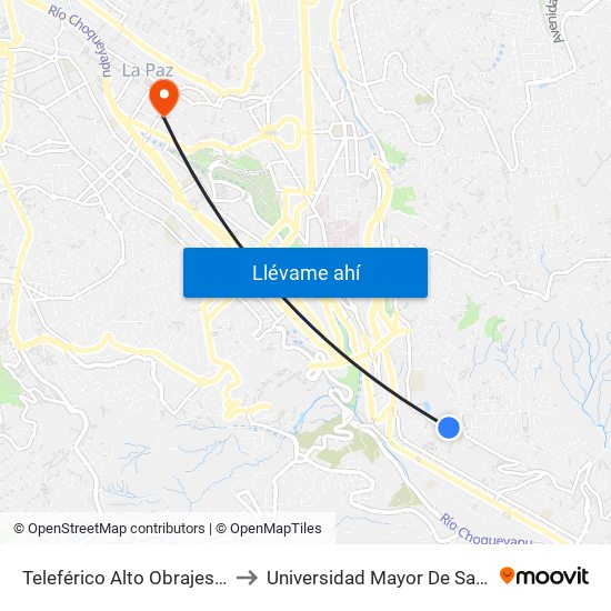 Teleférico Alto Obrajes - Vuelta to Universidad Mayor De San Andrés map