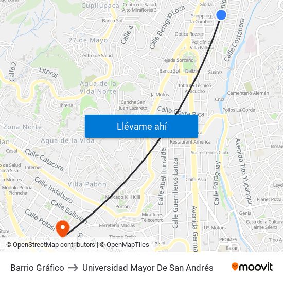 Barrio Gráfico to Universidad Mayor De San Andrés map