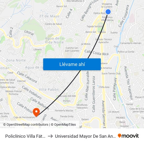 Policlínico Villa Fátima to Universidad Mayor De San Andrés map