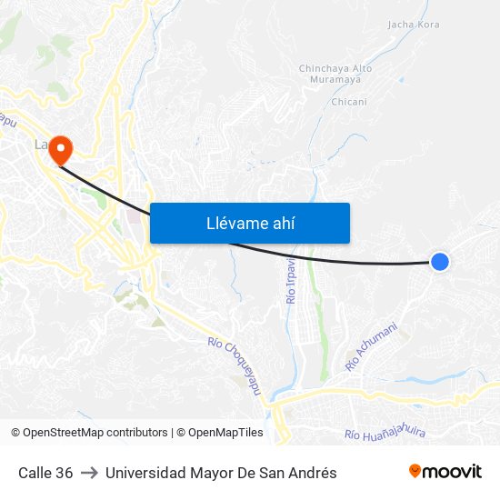 Calle 36 to Universidad Mayor De San Andrés map
