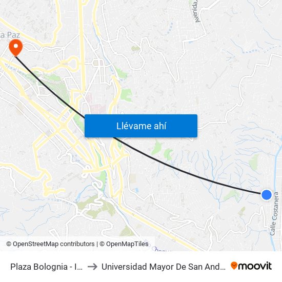 Plaza Bolognia - Ida to Universidad Mayor De San Andrés map