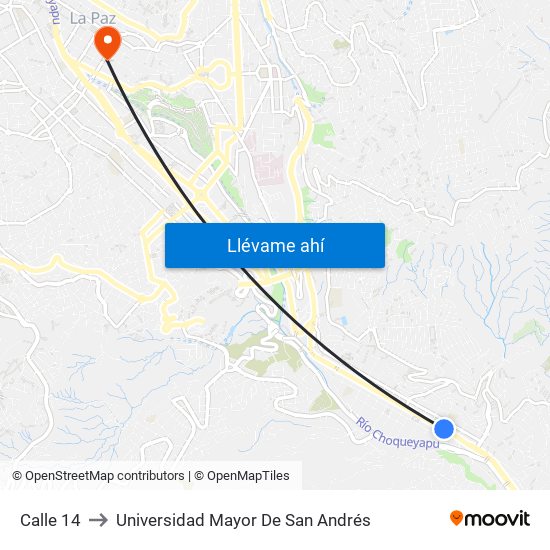 Calle 14 to Universidad Mayor De San Andrés map