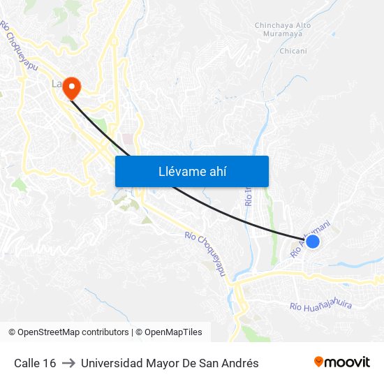 Calle 16 to Universidad Mayor De San Andrés map