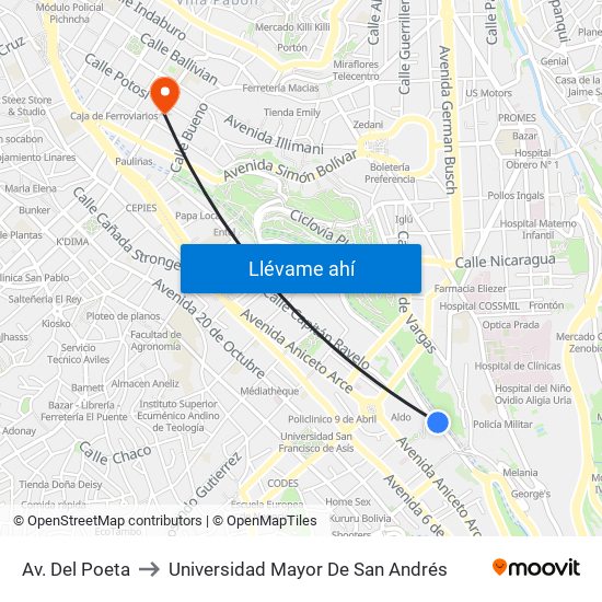 Av. Del Poeta to Universidad Mayor De San Andrés map