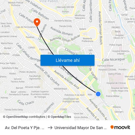 Av. Del Poeta Y Pje. Pinilla to Universidad Mayor De San Andrés map