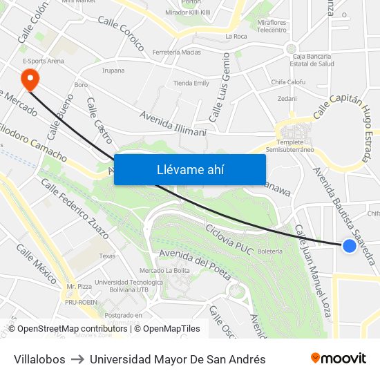 Villalobos to Universidad Mayor De San Andrés map