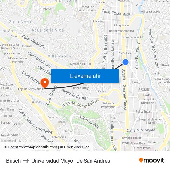 Busch to Universidad Mayor De San Andrés map