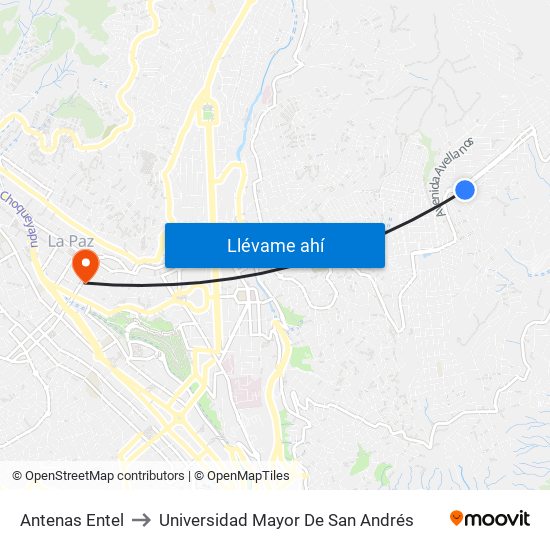 Antenas Entel to Universidad Mayor De San Andrés map