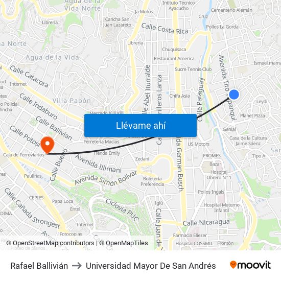 Rafael Ballivián to Universidad Mayor De San Andrés map