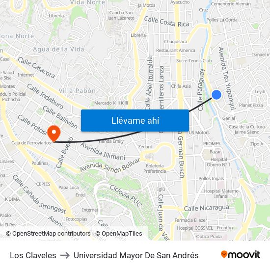 Los Claveles to Universidad Mayor De San Andrés map