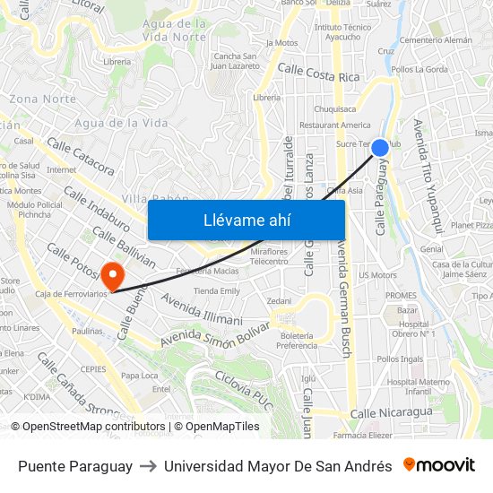 Puente Paraguay to Universidad Mayor De San Andrés map