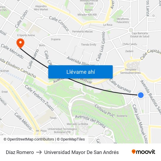 Díaz Romero to Universidad Mayor De San Andrés map