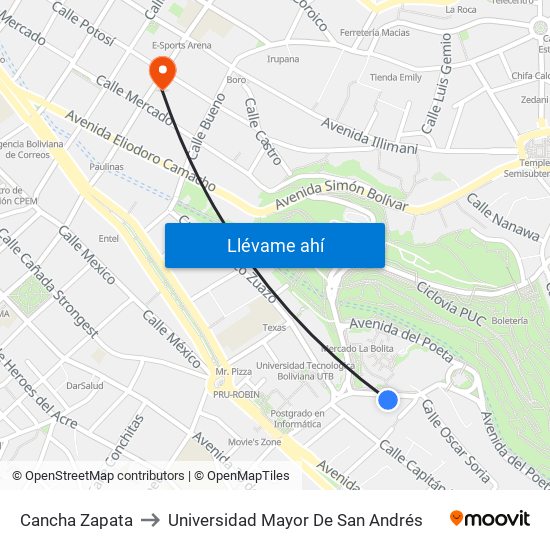 Cancha Zapata to Universidad Mayor De San Andrés map
