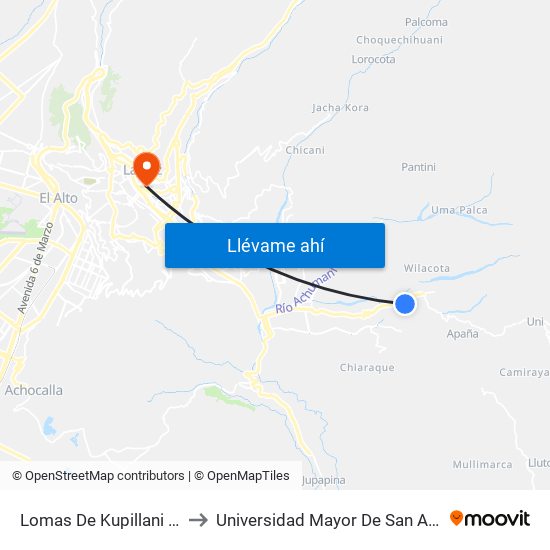 Lomas De Kupillani - Ida to Universidad Mayor De San Andrés map