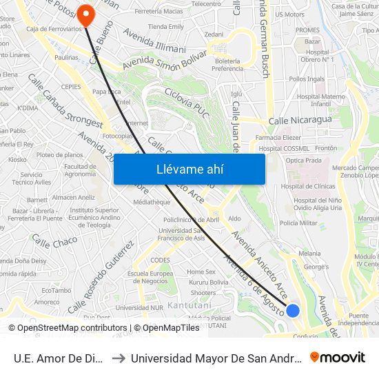 U.E. Amor De Dios to Universidad Mayor De San Andrés map