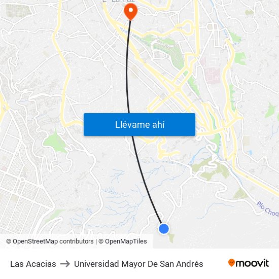 Las Acacias to Universidad Mayor De San Andrés map