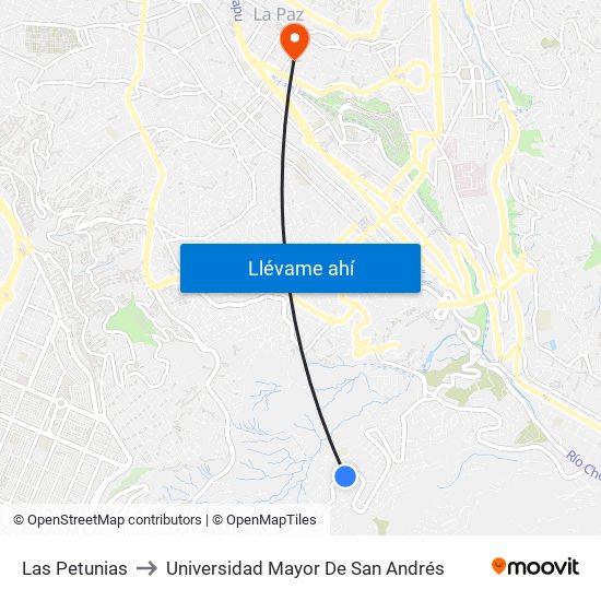 Las Petunias to Universidad Mayor De San Andrés map
