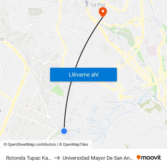 Rotonda Tupac Katari to Universidad Mayor De San Andrés map