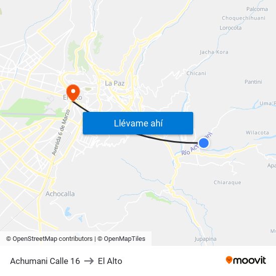 Achumani Calle 16 to El Alto map