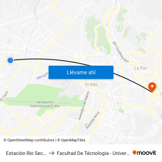 Estación Río Seco / Waña Jawira to Facultad De Técnología - Universidad Mayor De San Andres map