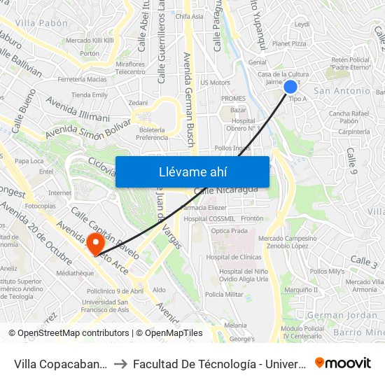 Villa Copacabana / San Antonio to Facultad De Técnología - Universidad Mayor De San Andres map
