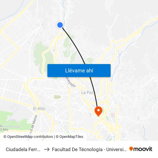Ciudadela Ferroviaria Calle 3 to Facultad De Técnología - Universidad Mayor De San Andres map