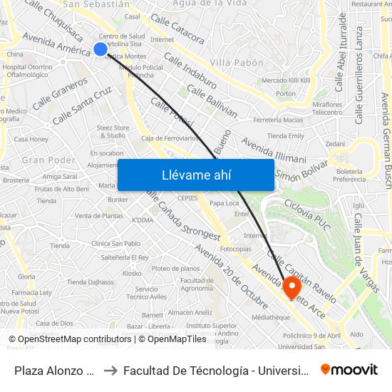 Plaza Alonzo De Mendoza to Facultad De Técnología - Universidad Mayor De San Andres map