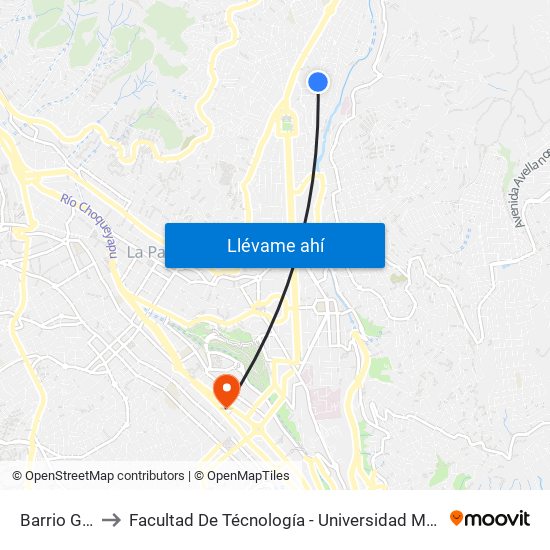 Barrio Gráfico to Facultad De Técnología - Universidad Mayor De San Andres map