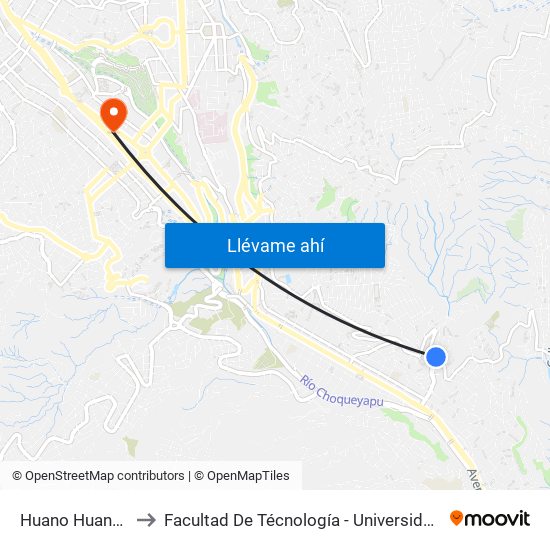 Huano Huanuni - Vuelta to Facultad De Técnología - Universidad Mayor De San Andres map