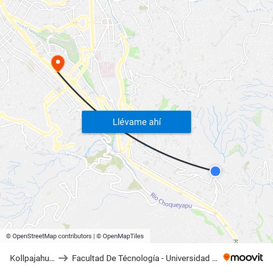 Kollpajahuira - Ida to Facultad De Técnología - Universidad Mayor De San Andres map