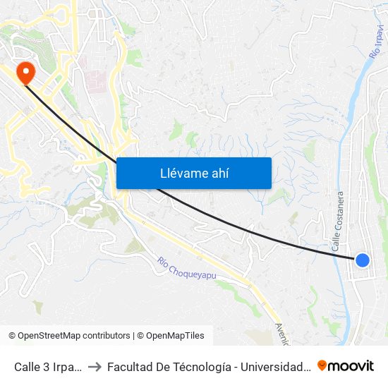 Calle 3 Irpavi II - Ida to Facultad De Técnología - Universidad Mayor De San Andres map