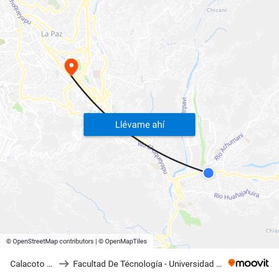 Calacoto Calle 18 to Facultad De Técnología - Universidad Mayor De San Andres map