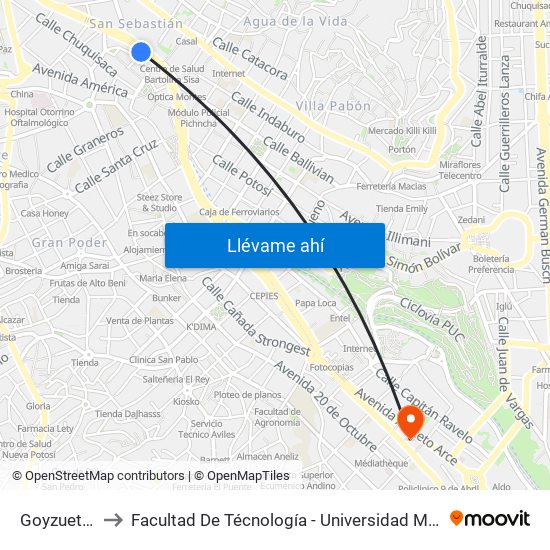 Goyzueta, 585 to Facultad De Técnología - Universidad Mayor De San Andres map