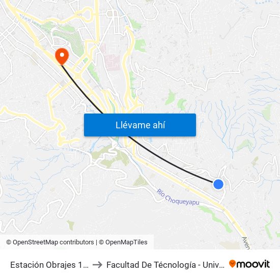 Estación Obrajes 17 / Aynacha Obrajes to Facultad De Técnología - Universidad Mayor De San Andres map