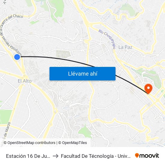 Estación 16 De Julio / Jach'A Qhathu to Facultad De Técnología - Universidad Mayor De San Andres map