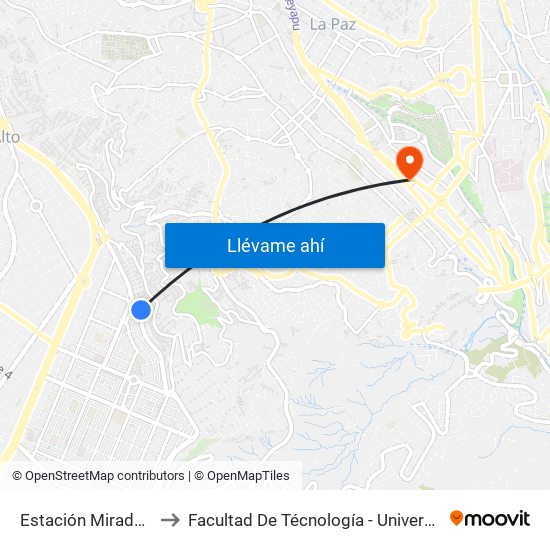 Estación Mirador / Qhana Pata to Facultad De Técnología - Universidad Mayor De San Andres map