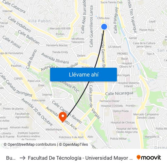 Busch to Facultad De Técnología - Universidad Mayor De San Andres map