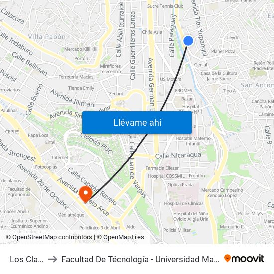 Los Claveles to Facultad De Técnología - Universidad Mayor De San Andres map