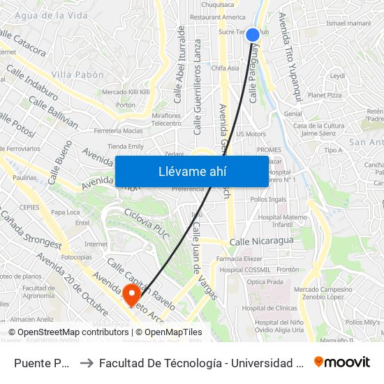 Puente Paraguay to Facultad De Técnología - Universidad Mayor De San Andres map