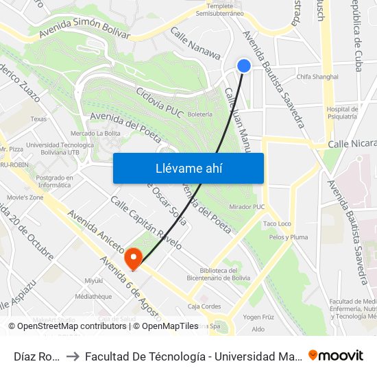 Díaz Romero to Facultad De Técnología - Universidad Mayor De San Andres map