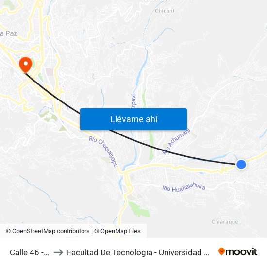 Calle 46 - Vuelta to Facultad De Técnología - Universidad Mayor De San Andres map