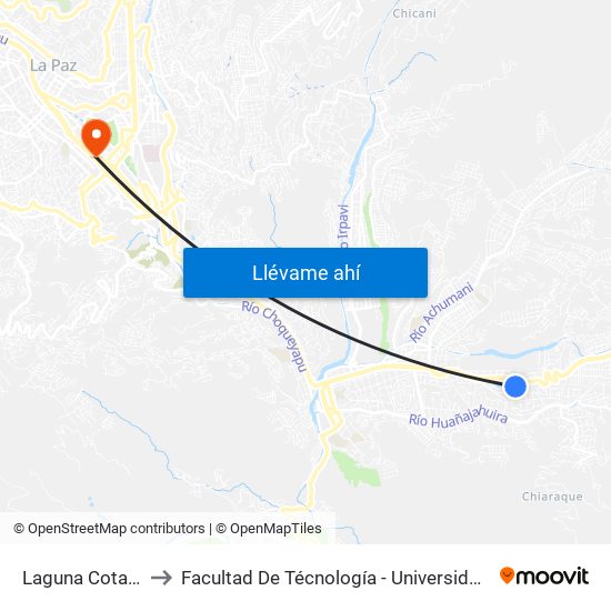 Laguna Cota Cota - Ida to Facultad De Técnología - Universidad Mayor De San Andres map