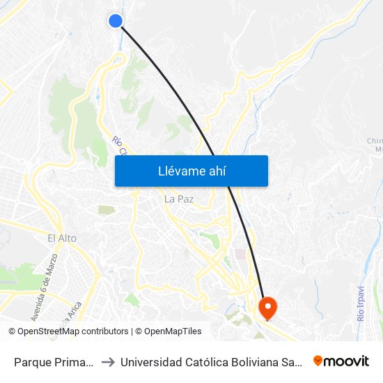 Parque Primavera to Universidad Católica Boliviana San Pablo map