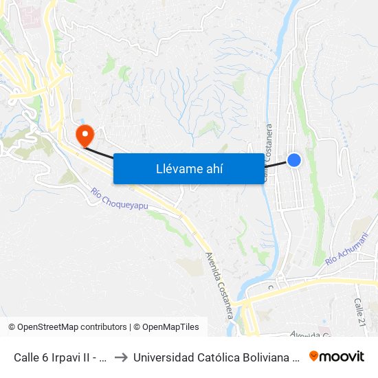 Calle 6 Irpavi II - Vuelta to Universidad Católica Boliviana San Pablo map