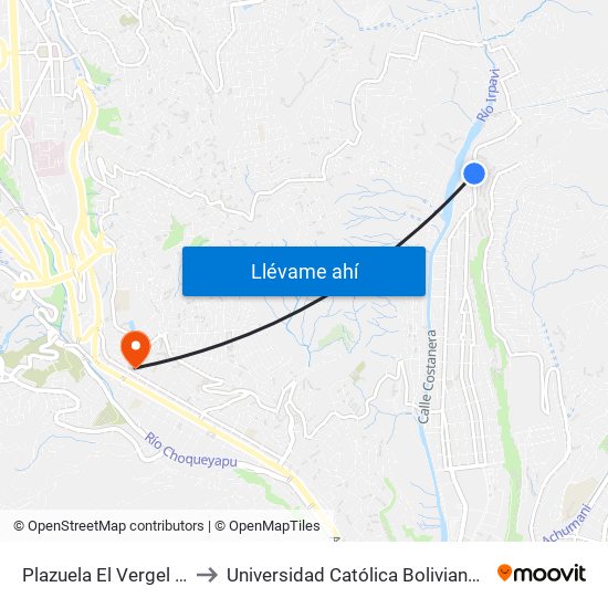 Plazuela El Vergel - Vuelta to Universidad Católica Boliviana San Pablo map