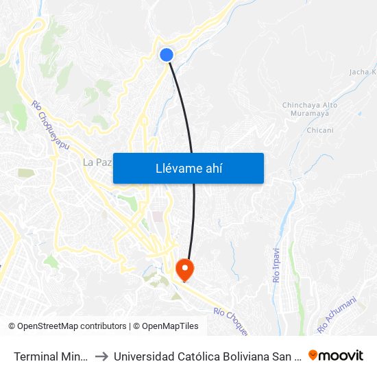 Terminal Minasa to Universidad Católica Boliviana San Pablo map