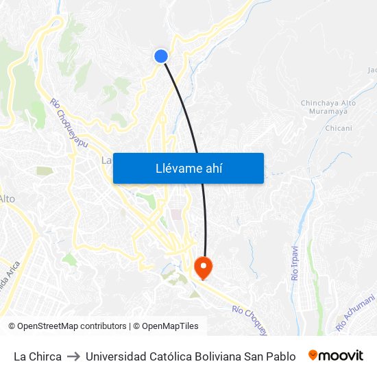 La Chirca to Universidad Católica Boliviana San Pablo map