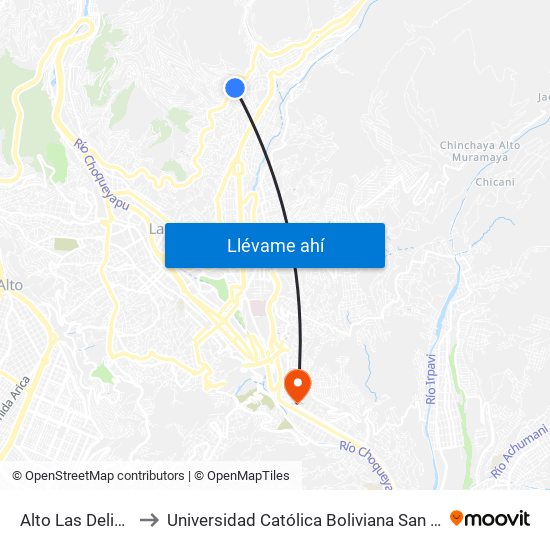Alto Las Delicias to Universidad Católica Boliviana San Pablo map