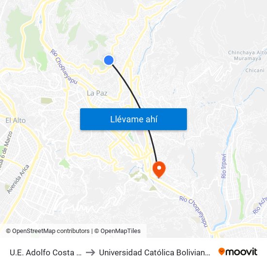 U.E. Adolfo Costa Du Rels to Universidad Católica Boliviana San Pablo map