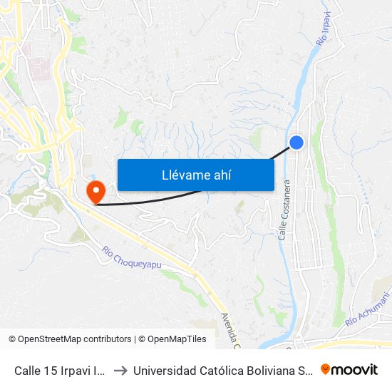 Calle 15 Irpavi II - Ida to Universidad Católica Boliviana San Pablo map